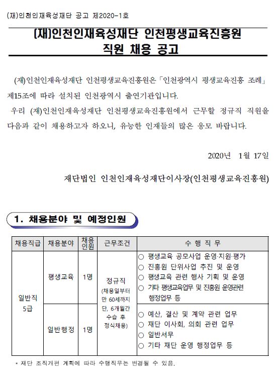 [협조홍보] (재)인천인재육성재단 인천평생교육진흥원 직원 채용 공고