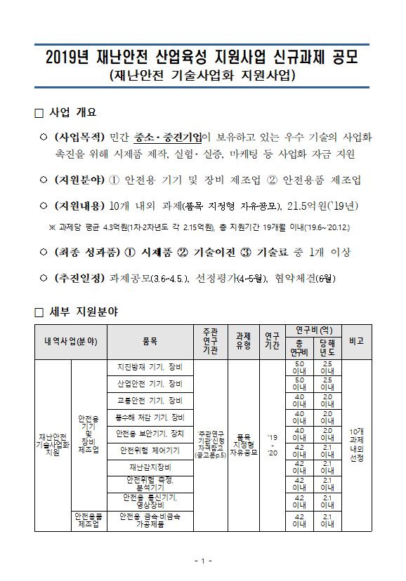 [협조홍보] 2019년 재난안전 산업육성 지원사업 신규과제 공모